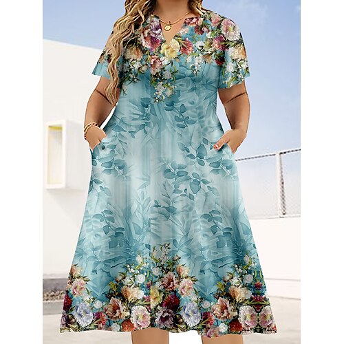 

Dame Plusstørrelser Hverdagskjole A Linje Kjole Blomstret Midikjole Kortærmet Trykt mønster V-hals Elegant Daglig Blå Lilla Sommer L XL XXL 3XL 4XL