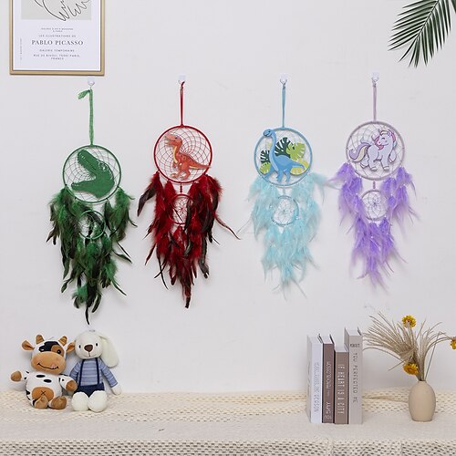 

Green Dream Catcher Dinosaur Handmade Gift with Green Feather Hook Flower Wind Chime Ornament Wall Hanging Decor Art Boho Style 60x18cm/24''x7''