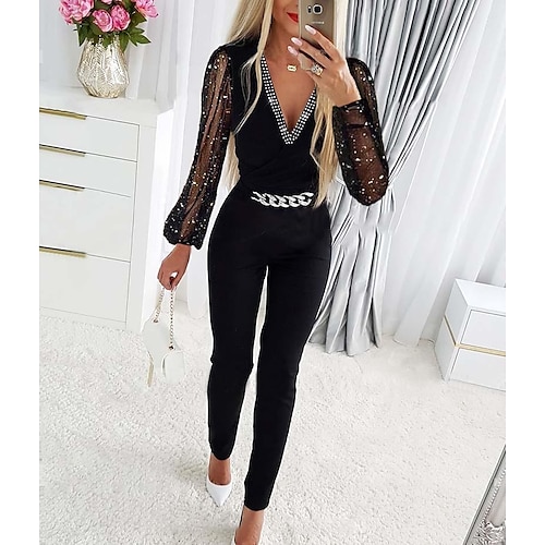 

dame jumpsuit ensfarget v-hals elegant party cocktailparty normal passform langermet s m l alle årstider