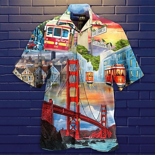 

Men's Shirt Summer Hawaiian Shirt Graphic Prints Bus Cuban Collar Blue Outdoor Casual Short Sleeve Print Clothing Apparel Sports Fashion Streetwear Designer