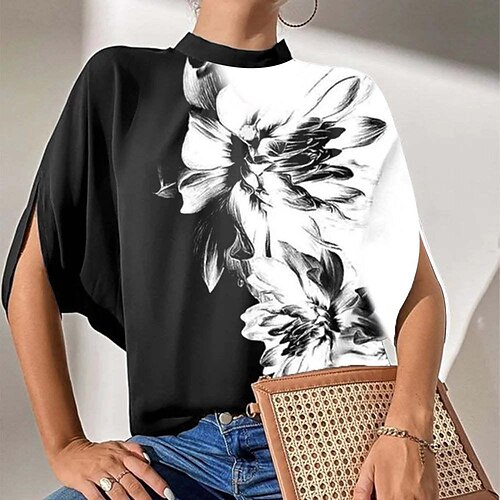 

Women's Shirt Blouse Black White Blue Graphic Geometric Print Half Sleeve Casual Basic High Neck Regular S