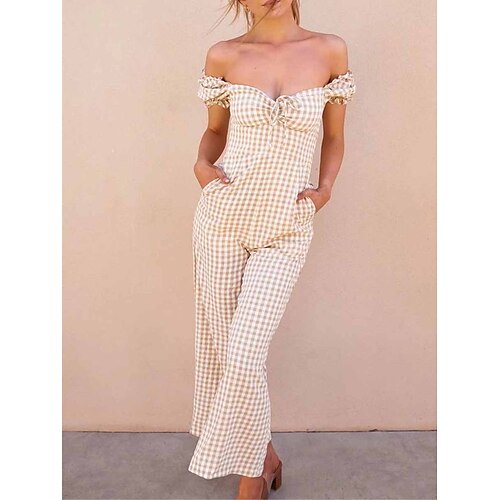 

Women's Jumpsuit Backless Pocket Plaid V Neck Streetwear Street Daily Regular Fit Short Sleeve Apricot S M L Summer