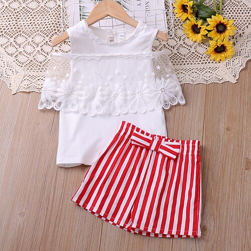 

2 deler Baby Jente Jul Stripe Uthult Shorts dress Sett Ermeløs Aktiv Skole 3-7 år Sommer Rød