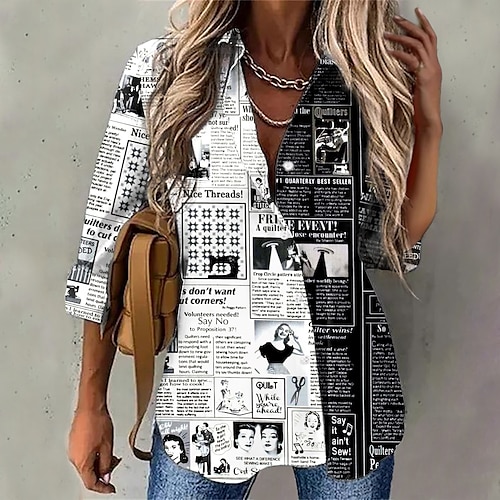 

Mujer Camisa Blusa Negro Blanco Graphic Botón Estampado Manga Larga Casual Básico Cuello Camisero Regular Flor S