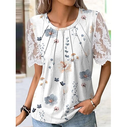 

Mujer Camisa Blusa Blanco Floral Encaje Estampado Manga Corta Casual Festivos Básico Escote Redondo Regular Flor S