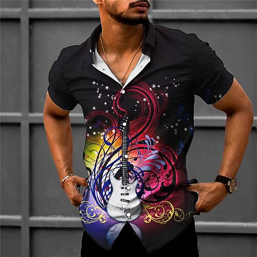 

Men's Shirt Graphic Prints Music Notes Turndown Purple Green Outdoor Street Short Sleeves Print Clothing Apparel Fashion Streetwear Designer Casual