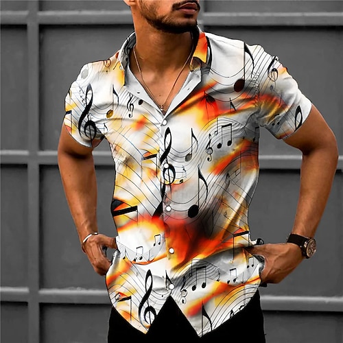 

Men's Shirt Graphic Prints Music Notes Turndown Blue Orange Outdoor Street Short Sleeves Print Clothing Apparel Fashion Streetwear Designer Casual