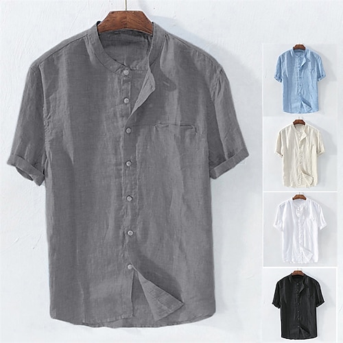 

Homens camisa de linho camisa de verão camisa de praia Adamascado Preto Branco Manga Curta Tecido Colarinho Clerical Verão Primavera Ao ar livre Diário Roupa Botão para baixo