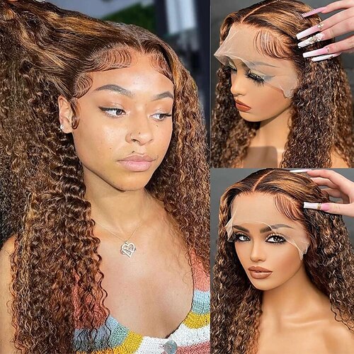 

ombre highlight hd parrucca anteriore in pizzo trasparente capelli umani pre pizzicati 150% densità attaccatura dei capelli impeccabile parrucche ricci per capelli umani per donne nere 4/30 parrucche