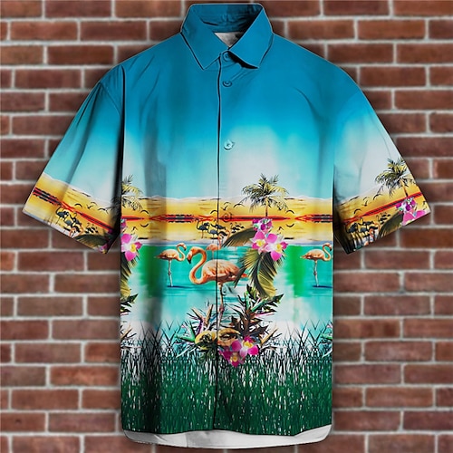 

Herre Skjorte Hawaii skjorte Flamingo Kokosnøttre Grafiske trykk Aftæpning Blå Grønn utendørs Gate Kort Erme Trykt mønster Klær Mote Gatemote Designer Myk