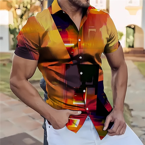 

Hombre Camisa Estampados Geometría Cuello Vuelto Amarillo Azul Piscina Naranja Exterior Calle Mangas cortas Estampado Ropa Moda Ropa de calle Design Casual