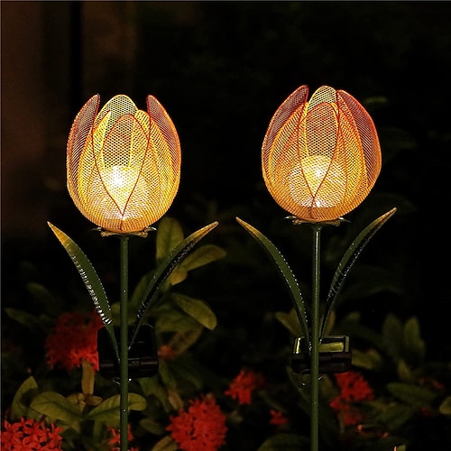 

Luzes de jardim solares ao ar livre, flores de tulipa de metal retrô, estaca de led decorativa para jardim, pátio, gramado, decoração de passarela, iluminação paisagística