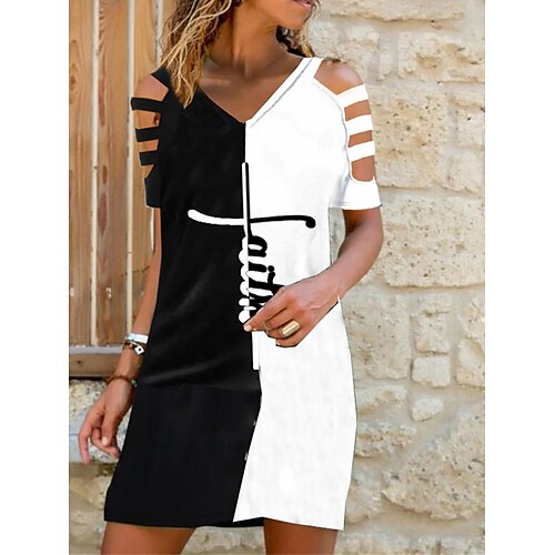 

Per donna Vestito casual Vestito a trapezio Abito estivo Color Block Alfabetico Tagliato Stampa A V Mini abito Attivo Di tendenza Esterno Giornaliero Manica corta Standard Nero Estate Primavera S M L