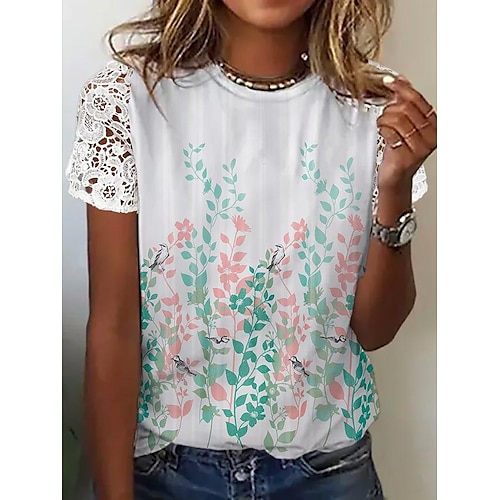 

T shirt Tee Chemise Femme Blanche Rose Claire Vert Floral Imprimer Manche Courte Casual Vacances basique Col Rond Normal Standard Fleur S