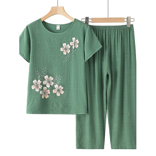 

Dame Loungewear Sæt Blomst Mode Afslappet Komfort Gade Daglig Stævnemøde Polyester Åndbart Rund hals Kortærmet Bukse Elastisk Talje Sommer Forår Lyserød Blå