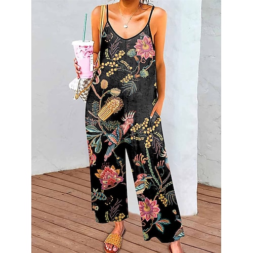 

Damen Jumpsuit Bedruckt Blumen V Ausschnitt Strassenmode Ordinär Strasse Täglich Lockere Passform Gurt Schwarz Gelb Rosa S M L XL Sommer