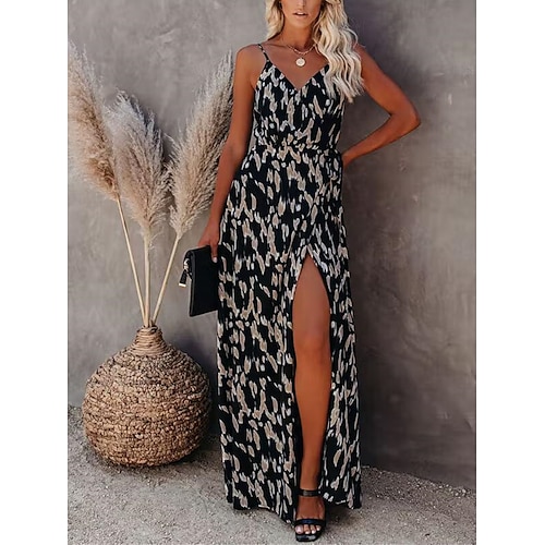 

Dame Lang kjole Maxikjole Hverdagskjole Sommerkjole Slip kjole Trykt mønster Mode Gade udendørs Daglig Ferie Åben ryg Delt Uden ærmer Med stropper Kjole Regulær Sort Sommer Forår S M L XL XXL