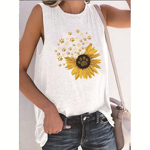 

Women's Tank Top Black White Wine Sunflower Print Short Sleeve Casual Holiday Basic Round Neck Regular Cotton S