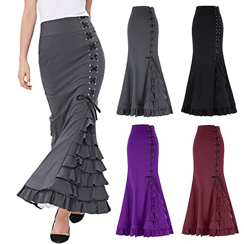 

Women's Victorian Steampunk Ruffled Fishtail Mermaid Skirt Gothic Mermaid Long Skirt High Waist Ruffled Pencil Maxi Skirt Retro Vintage Medieval Renaissance