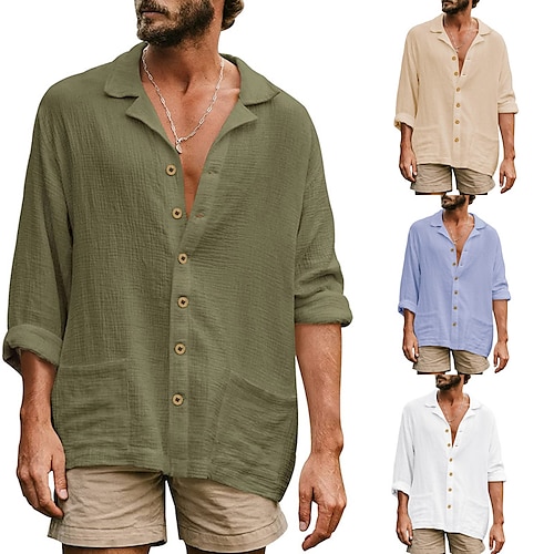 

camicia casual da uomo abbottonata manica lunga bavero di colore puro moda vacanza confortevole uscire abbigliamento di base abbigliamento spiaggia