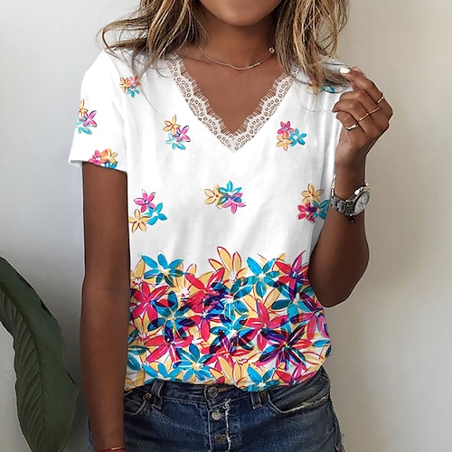 

T shirt Tee Femme Rose Claire Rouge Bleu Floral Garniture en dentelle Imprimer Manche Courte Vacances Fin de semaine basique Col V Normal Standard Fleur Peinture S