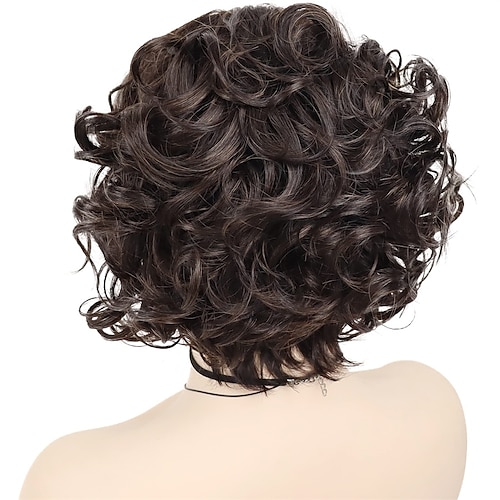 

kvinners krøllete parykk kort mørk brun highlight blond farge frisyrer syntetisk lagdelt parykk for gammel dame naturlig mamma parykk kostymefest