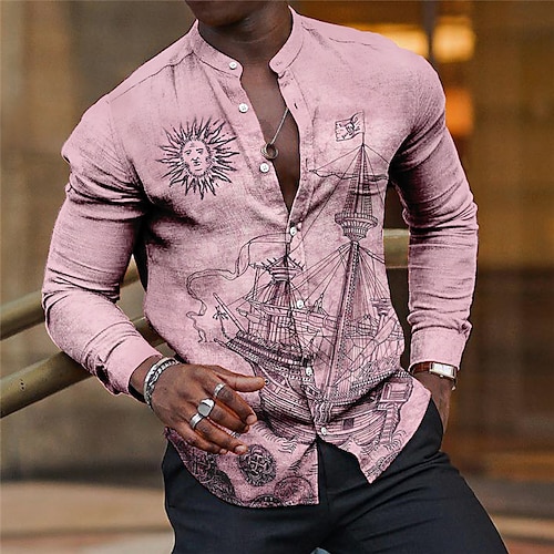 Men's Shirt Linen Shirt Floral Graphic Prints Stand Collar Pink Blue Khaki  Gray Outdoor Street Long Sleeve Print Clothing Apparel Linen Fashion  Streetwear Desig… in 2023