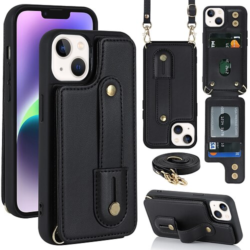 

telefone Capinha Para Apple Capa traseira Estojo de couro iPhone 14 Pro Max Plus 13 12 11 Mini X XR XS 8 7 com alça transversal removível Slots de suporte de cartão Cor Sólida TPU Couro PU