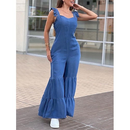 

Mujer Mono Volante Color sólido Escote en U Ropa de calle Calle Vacaciones Ajuste regular Sin Mangas Azul Piscina S M L Verano