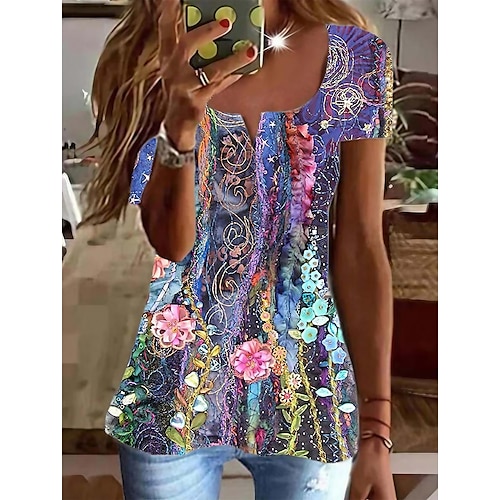 

Damen T Shirt Blau Purpur Leicht Blau Blumen Hund Bedruckt Kurzarm Festtage Wochenende Tuniken Basic V Ausschnitt Standard Blume Farbe S