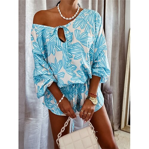 

Women's Romper Drawstring Print Floral Crew Neck Streetwear Street Daily Regular Fit Long Sleeve Red Blue S M L Summer