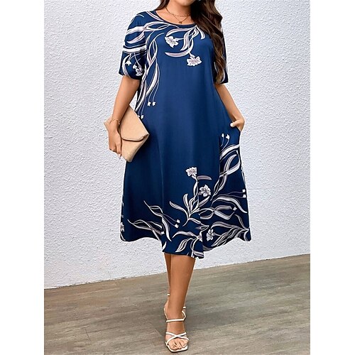 

Per donna Plus Size Abito casual A foglia Floreale Vestito longuette Mezza manica Stampa Girocollo Di tendenza Esterno Blu Estate Primavera L XL XXL 3XL 4XL