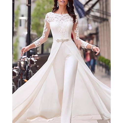 

Combinaison Femme Dentelle Couleur unie Col Ras du Cou Vêtement de rue Mariage Soirée Standard manche longue Blanche S Eté