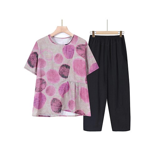 

Dame Store størrelser lounge Sett Geometrisk Blomsternål i krystall Fritid Komfort Myk Gate Daglig Feriereise Polyester Pustende Crew-hals Kortermet Bukse Elastisk midje Sommer Vår Lys Rosa Rosa