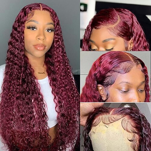 

99j bordeaux acqua onda 13x4 hd parrucca anteriore in pizzo capelli umani rosso glueless onda profonda parrucche frontali capelli umani capelli remy brasiliani per le donne pre pizzicate con i capelli