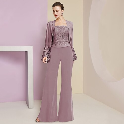 

Pantalone Abito 3 pezzi Abito da cerimonia per signora Formale Elegante Squadrata Lungo Chiffon Di pizzo Senza maniche Stola inclusa con Con applique 2023