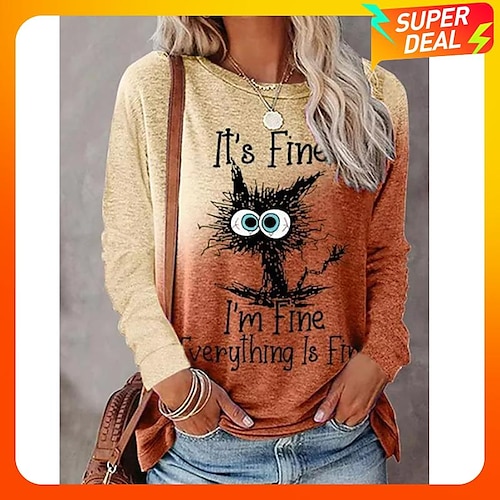 

Women's T shirt Tee Maroon Yellow Pink Graphic Cat Print Long Sleeve Casual Weekend Cartoon Funny Round Neck Regular I'm Fine Painting Plus Size S