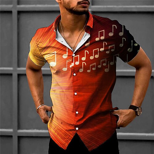 

Men's Shirt Graphic Prints Music Notes Turndown Blue Orange Outdoor Street Short Sleeves Print Clothing Apparel Fashion Streetwear Designer Casual