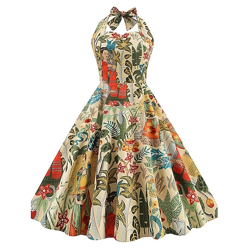 

Dame Retro Rød 1950-tallet Vintage kjole Midikjole Daglig Ferie Rynket Trykt mønster Blomstret Grime Ermeløs Normal Sommer Vår 2023 Svart Gul S M L XL