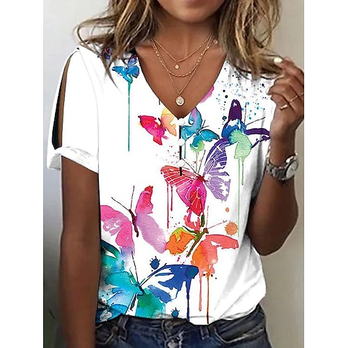 

Damen T Shirt Weiß Gelb Rosa Blumen Schmetterling Taste Ausgeschnitten Kurzarm Festtage Wochenende Basic V Ausschnitt Standard Blume Schmetterling Farbe S