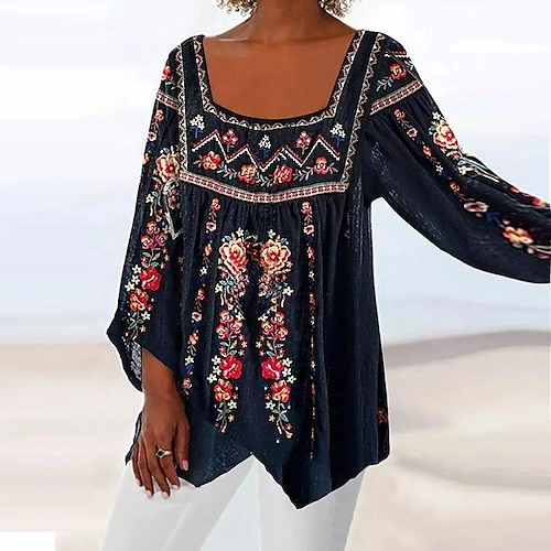 

Damen Hemd Bluse Schwarz Blumen Bedruckt Langarm Casual Boho Quadratischer Ausschnitt Standard Blume S