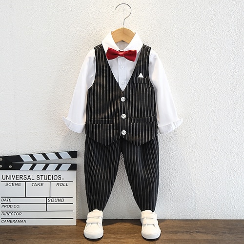 

4 deler Barn Gutt Skjorte og bukse Antrekk Stripe Langermet Sett Avslappet Mote Kul Sommer Vår 7-13 år Svart Blå