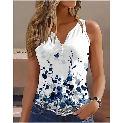 

Women's Tank Top Floral Tree Casual Holiday Button Print White Sleeveless Basic V Neck