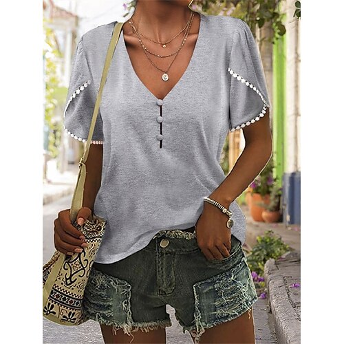 

T shirt Tee Femme Gris Plein Imprimer Manche Courte du quotidien Fin de semaine basique Col V Normal Standard S