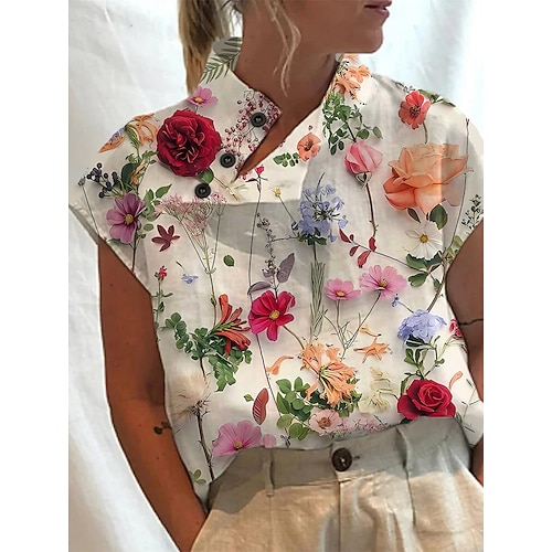 

Mulheres Camisa Social Blusa Preto Vermelho Azul Marinha Floral Botão Imprimir Manga Curta Casual Feriado Básico Colarinho Clerical Padrão Tema Flores S