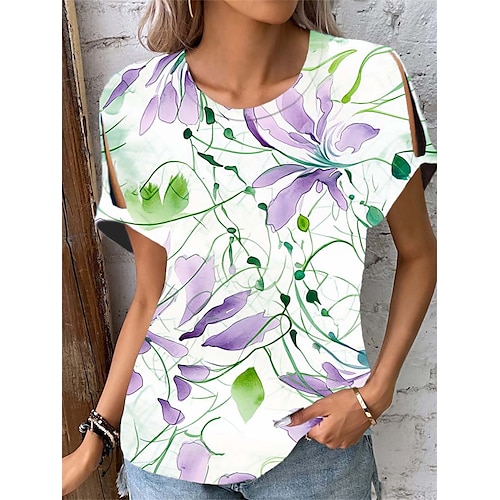 

T shirt Tee Femme Noir Blanche Bleu Floral Découpé Imprimer Manche Courte du quotidien Fin de semaine basique Col Rond Normal Standard Fleur Peinture S