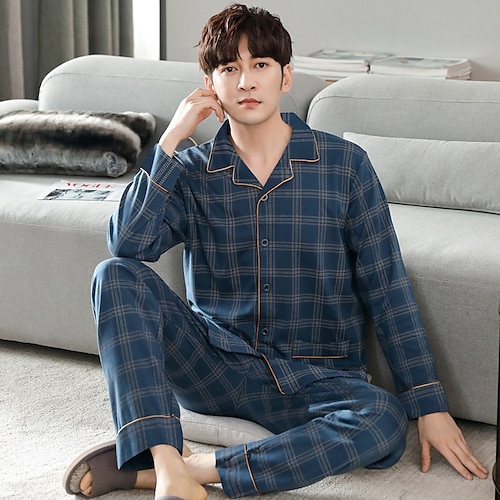 

Herre lounge Pyjamas Sett Pyjamas topp og bukse 1 stk Gitter / Teppe Mote Komfort Myk Hjem Seng Polyester Pustende V-splitt Grunnleggende Høst Vår Svart Blå