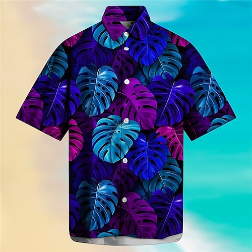 

Homens Camisa Social Camisa havaiana Estampas Abstratas Folhas Aberto para a Lateral Azul Roxo Ao ar livre Rua Manga Curta Imprimir Roupa Moda Roupa de rua Designer Macia