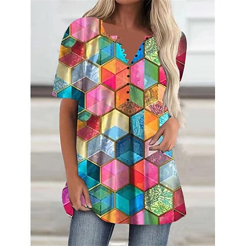 

Damen T Shirt Blau Geometrisch Taste Bedruckt Kurzarm Täglich Wochenende Basic V Ausschnitt Standard Geometrisch Farbe S