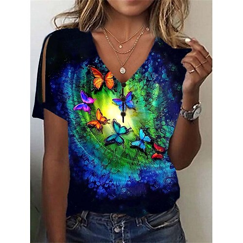 

Damen T Shirt Schwarz Blau Grün Graphic Blumen Taste Ausgeschnitten Kurzarm Täglich Wochenende Basic V Ausschnitt Standard Blume Schmetterling Farbe S